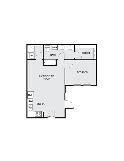 Floor plan for 1 bed, 1 bath, 771 sqft